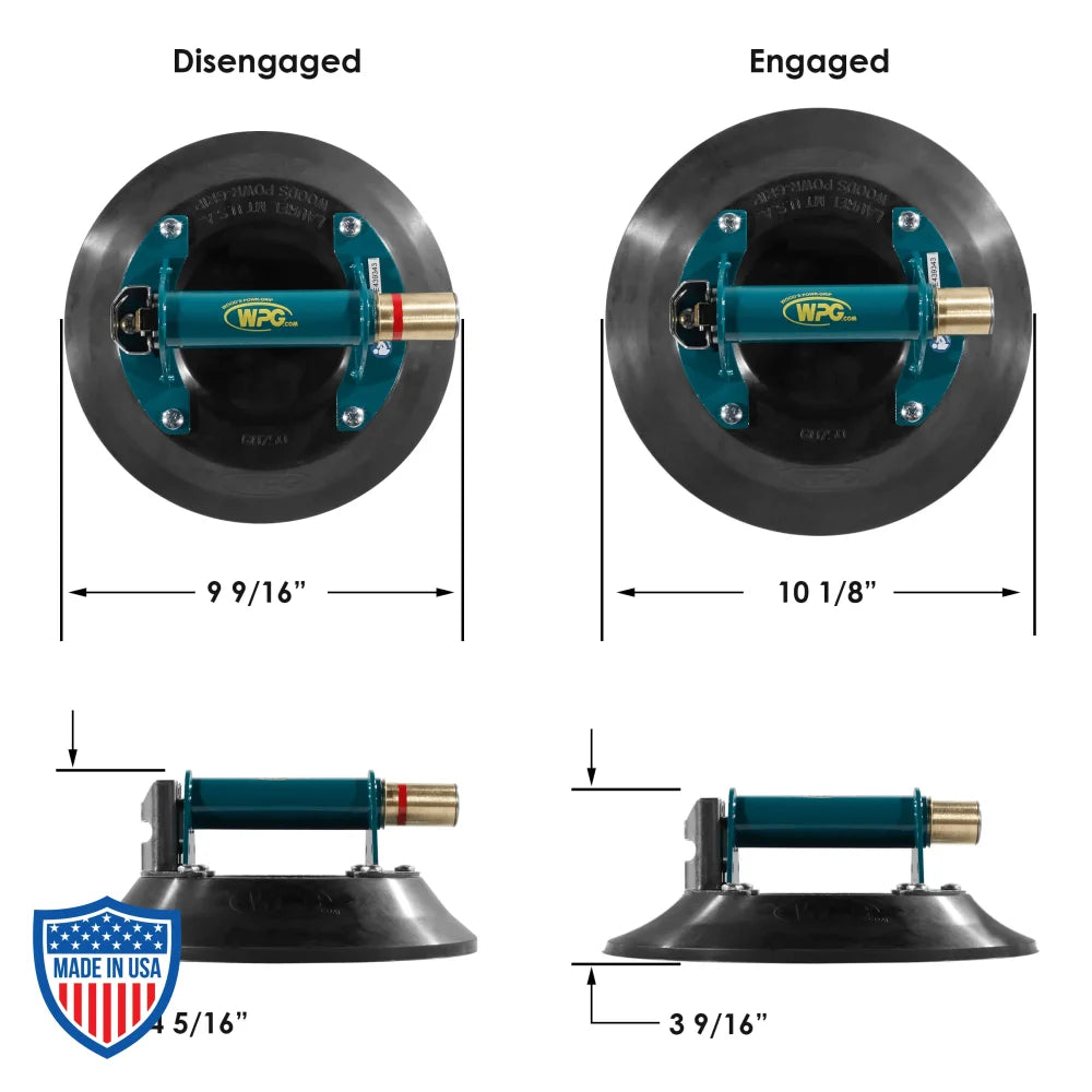 Wood's Powr-Grip 10" suction cup showing disengaged and engaged positions with dimensions for film grip and rigging applications.