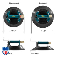 Wood's Powr-Grip 10" suction cup showing disengaged and engaged positions with dimensions for film grip and rigging applications.