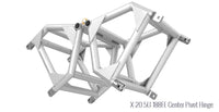 Aluminum utility truss with steel fork end and center pivot hinge for film grip rigging.