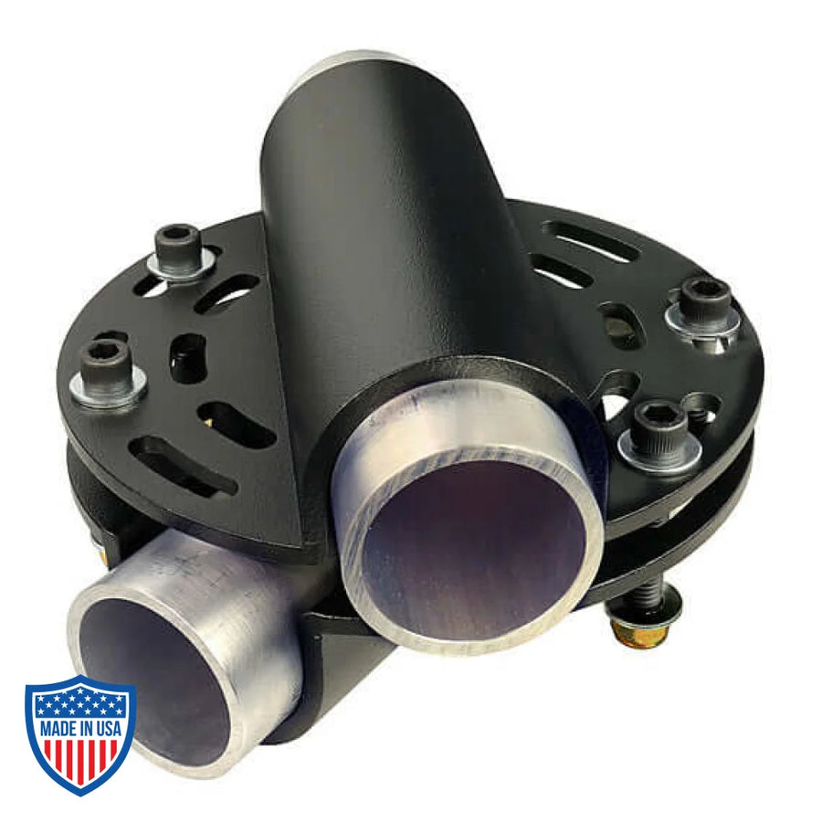 Mega-Gridlock Diagonal XL for film grip rigging with multiple curved slots and adjustable bolts for pipe positioning.