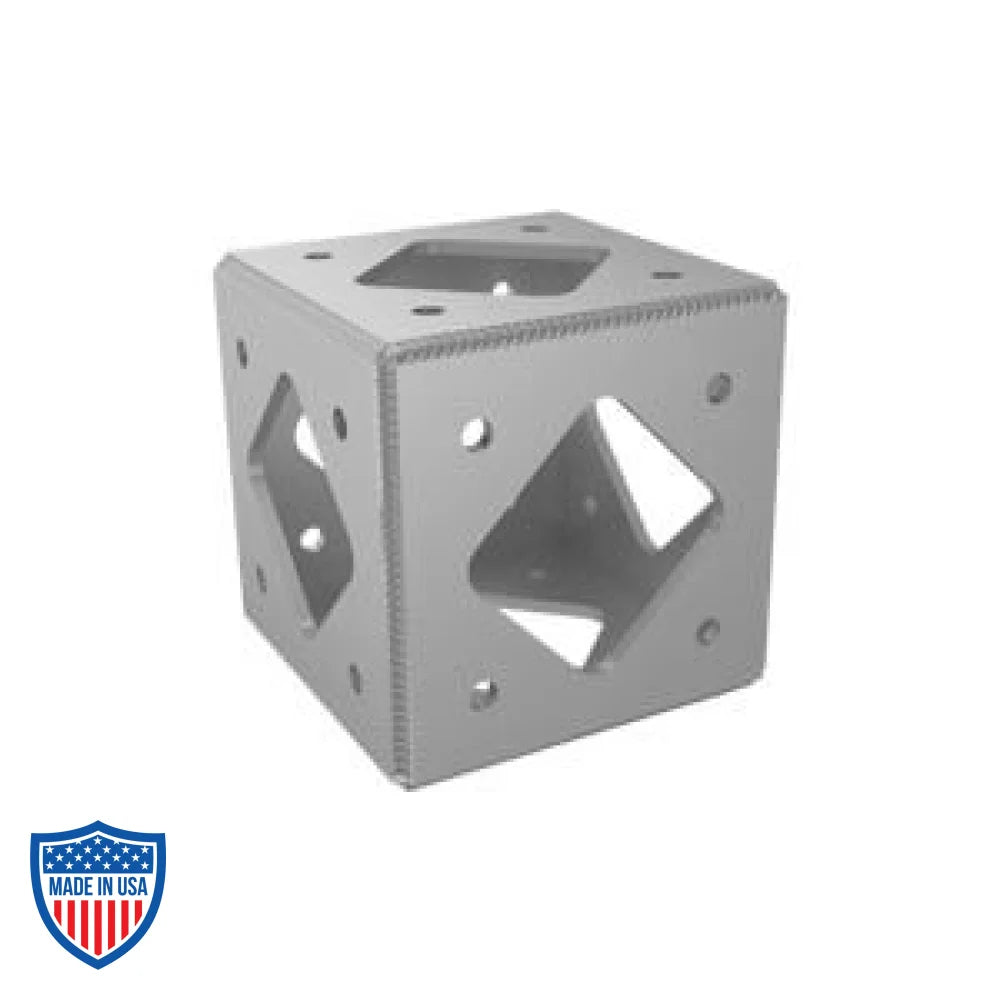 XSF 10" XLITE 6-Way Corner Block for film grip rigging with 1-1/2" diameter chords and 7/16" diameter solid rod diagonals