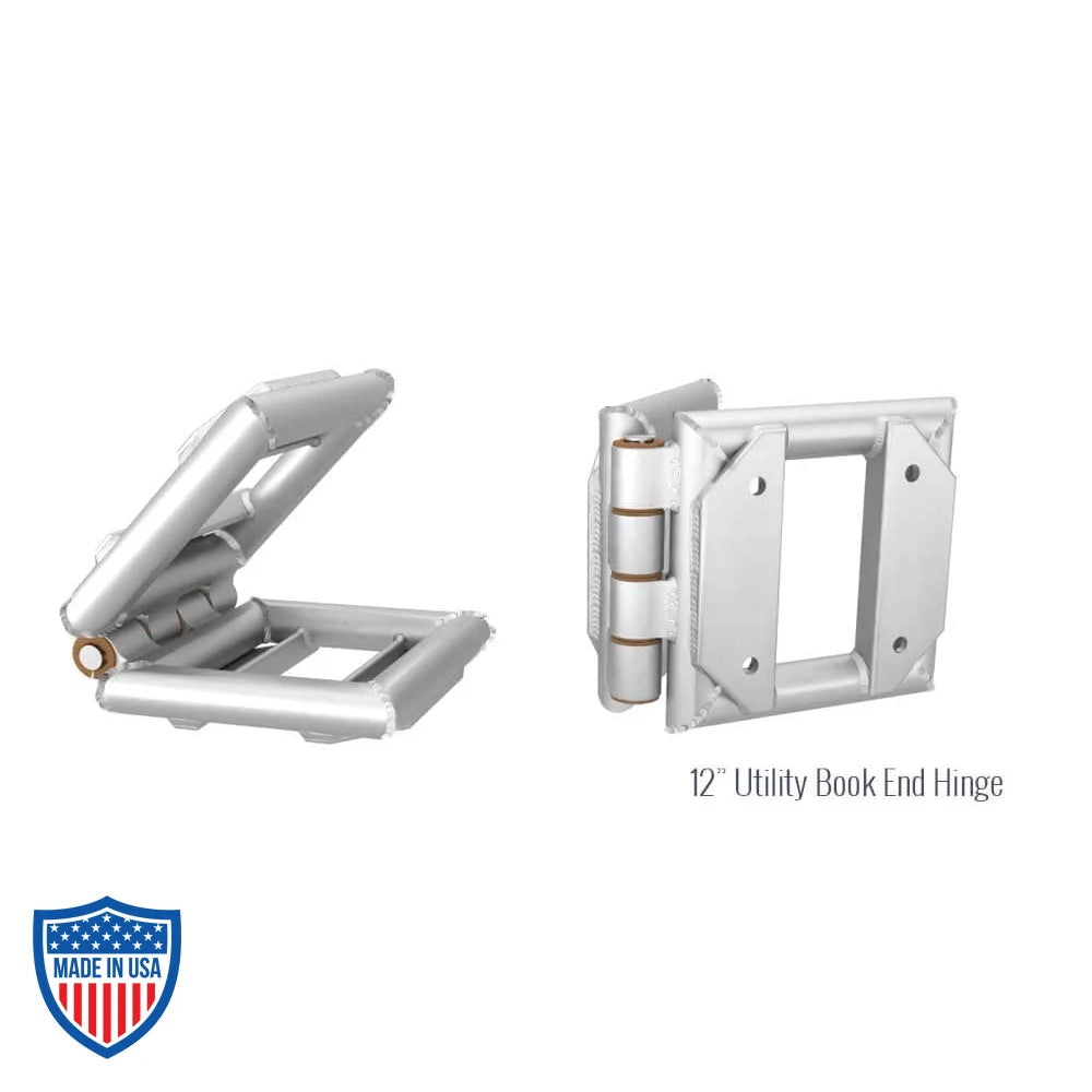 12" utility book end hinge for box truss rigging, silver finish, film grip accessory