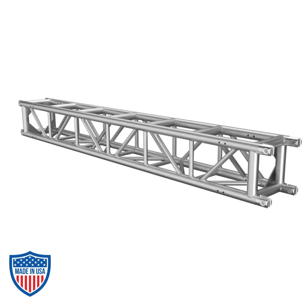 XSF 12'' aluminum tower truss with 2" OD chords, 1" OD diagonals, and steel fork end connections for film grip rigging.