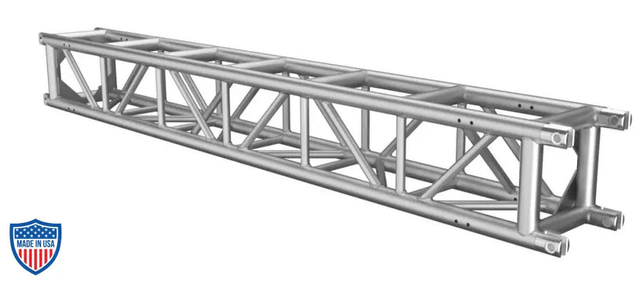 XSF 12'' aluminum tower truss with 2-inch OD chords, 1-inch OD diagonals, and steel fork end connections for film grip rigging.