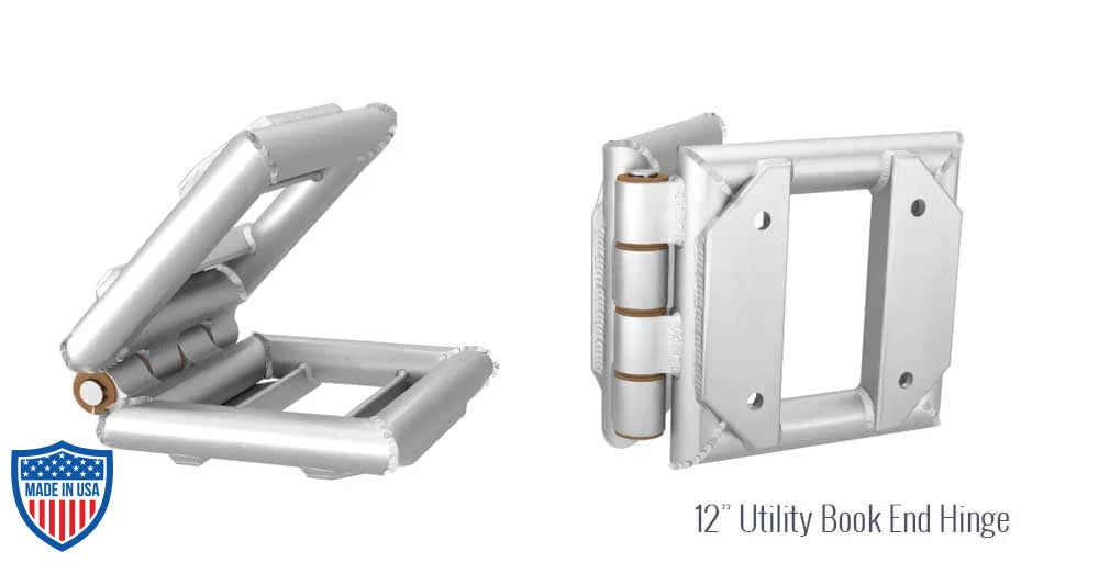 12-inch bolt plate utility square bookend hinge for film grip rigging, shown in different angles.