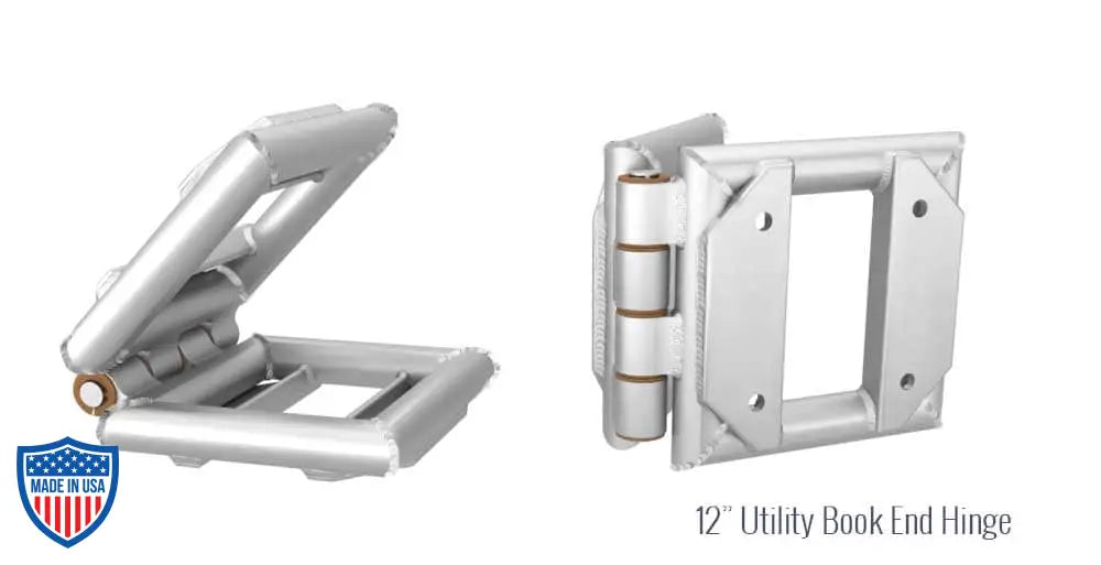 12-inch bolt plate utility square bookend hinge for film grip rigging, shown in different angles.