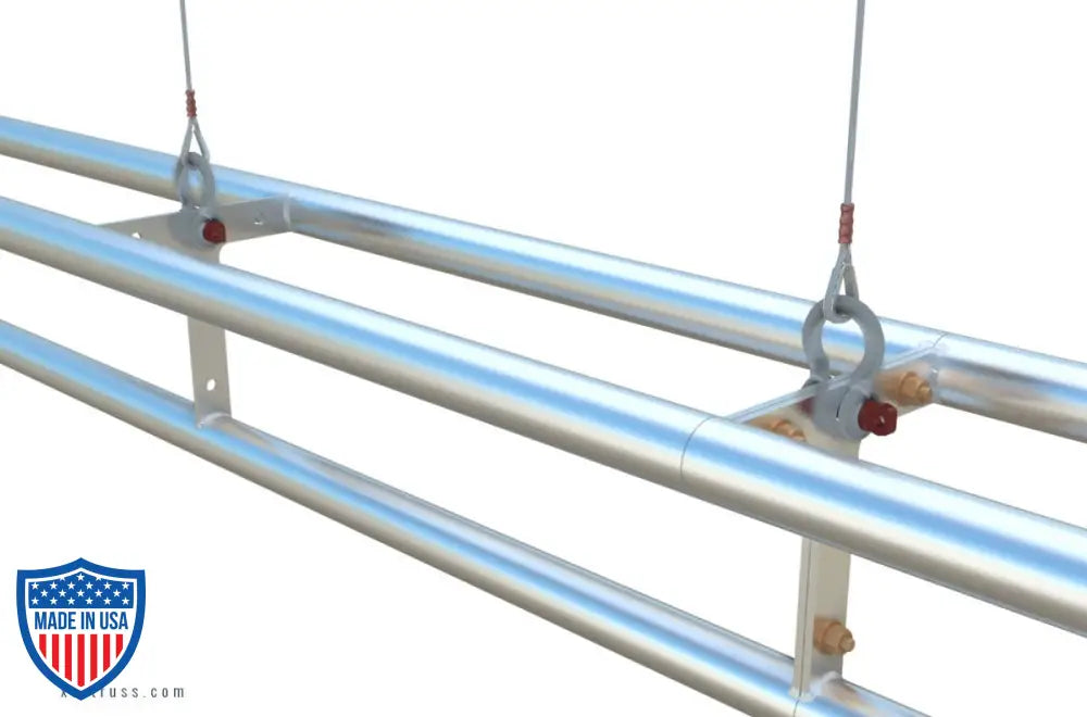 XSF 12-inch T-Batten Truss for film, grip, and rigging applications, shown with rigging hooks and hardware.