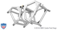 Aluminum center pivot hinge in bolt plate truss size 20.5"x20.5" for film grip rigging applications.