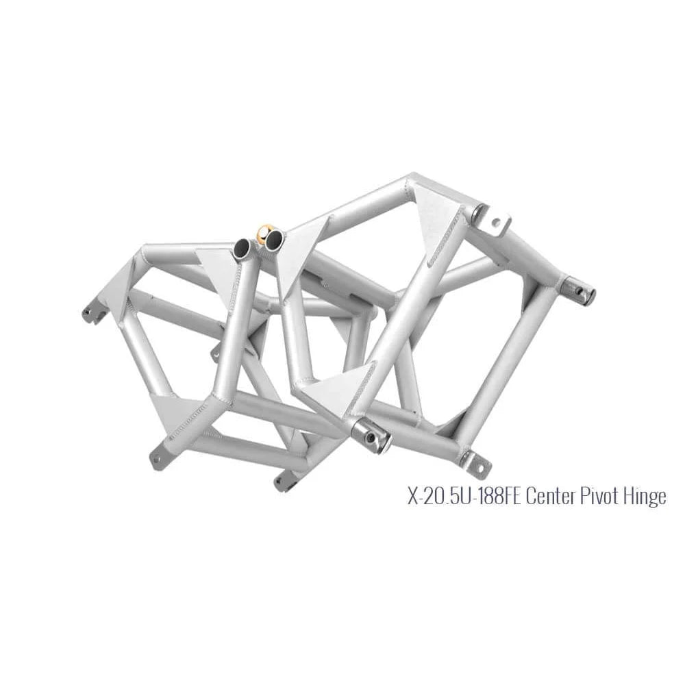 Aluminum utility truss with steel fork end bookend hinge and center pivot in 12"x18" size for film grip rigging applications