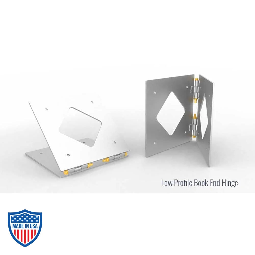 Low profile book end hinge made of aluminum for film grip rigging, shown in open and closed positions.