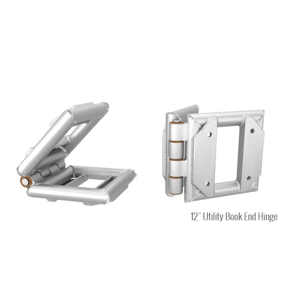 12" aluminum utility book end hinge for film grip rigging and truss connections.