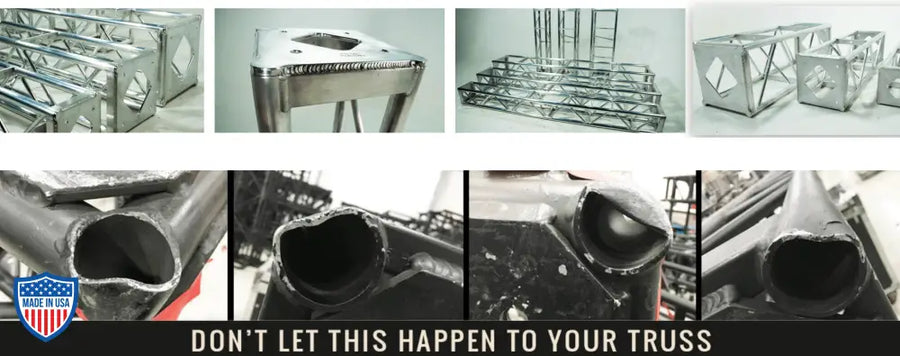 Collage of aluminum utility truss and damaged trusses with text "Don't let this happen to your truss"