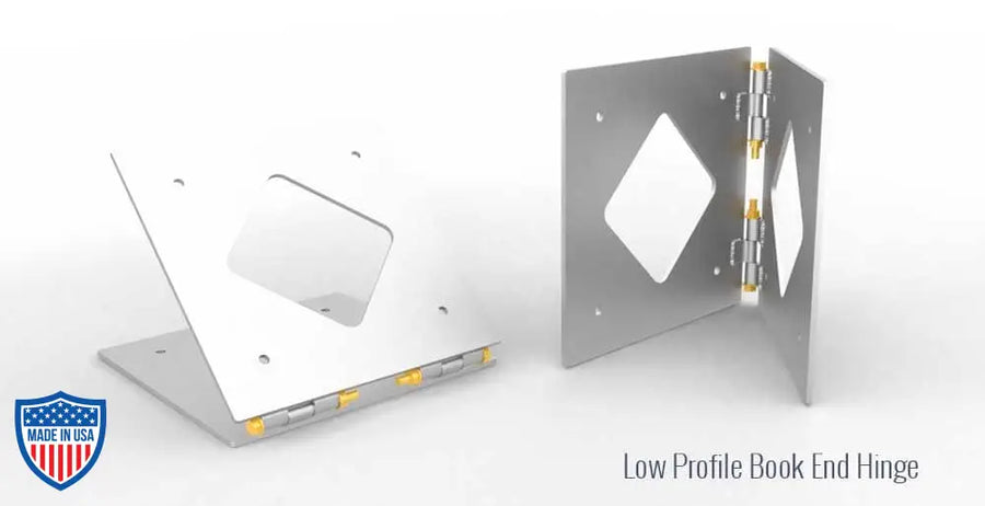 Low profile 20.5-inch x 20.5-inch bolt plate utility bookend hinge with center pivot for film grip rigging.