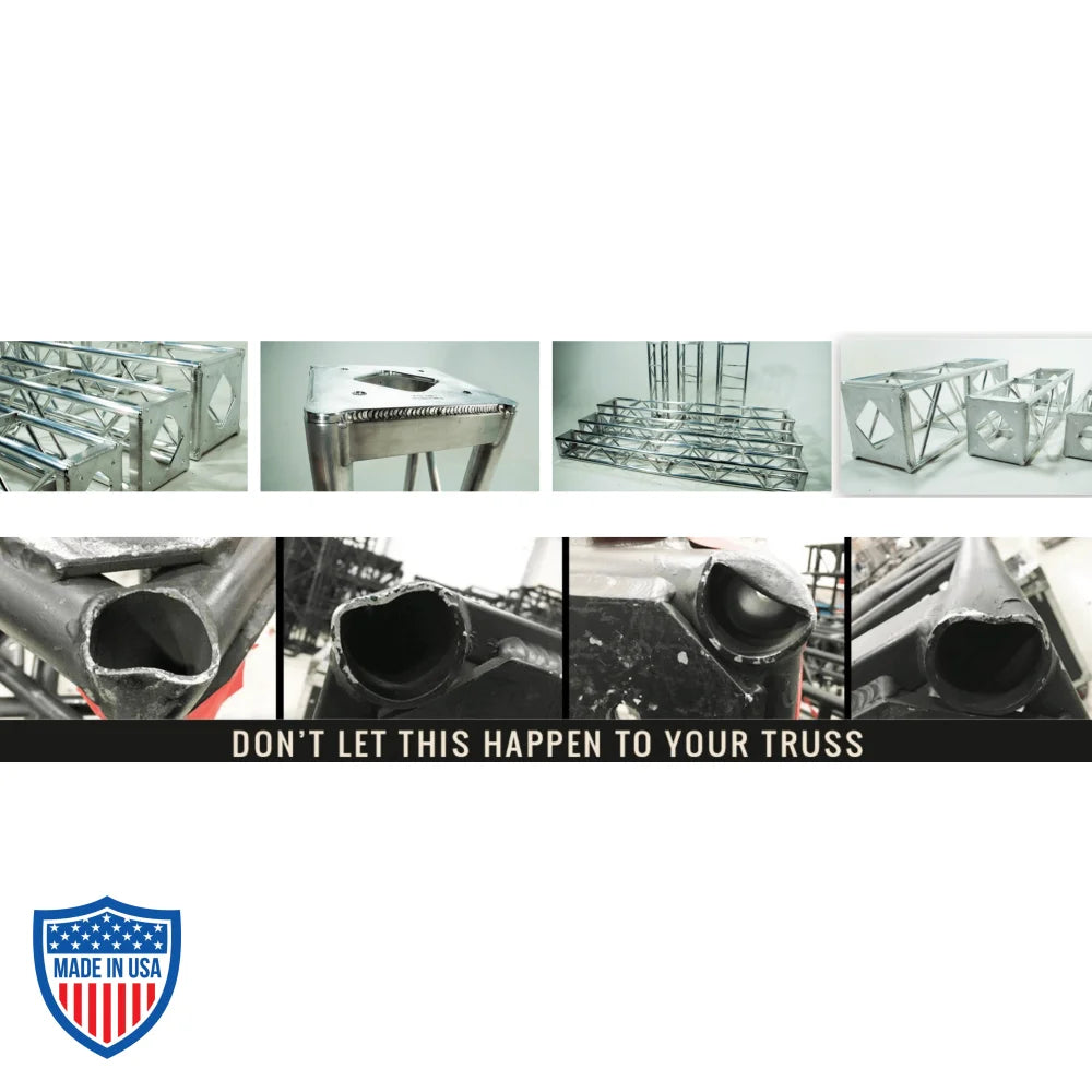 Aluminum utility truss examples and damaged trusses with text "Don't let this happen to your truss"