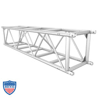 30" x 30" aluminum utility truss with steel fork end connections for film grip rigging, featuring 2" OD aluminum chords.
