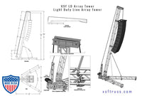 Diagrams and specifications of XSF Light Duty Line Array Tower for film grip and rigging setups.