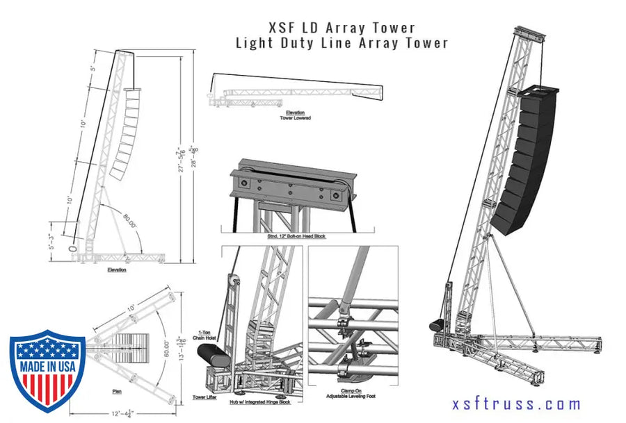 Diagrams and specifications of XSF Light Duty Line Array Tower for film grip and rigging setups.