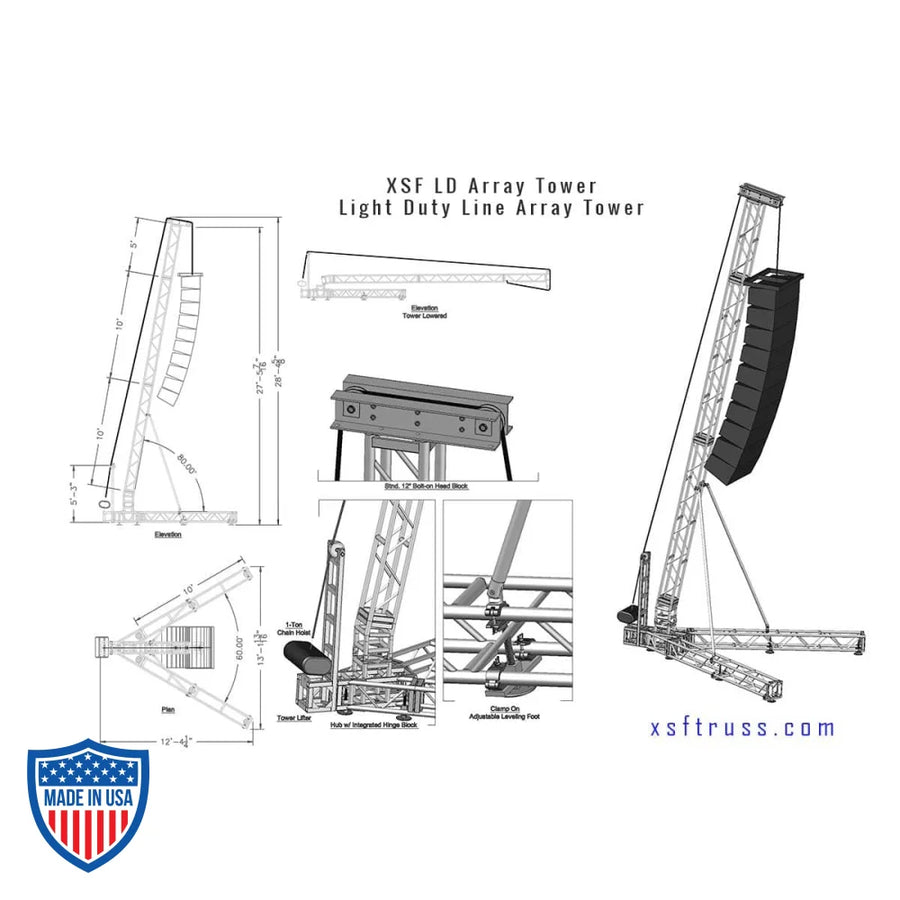 Diagrams and specifications of XSF Light Duty Line Array Tower for film grip and rigging setups.