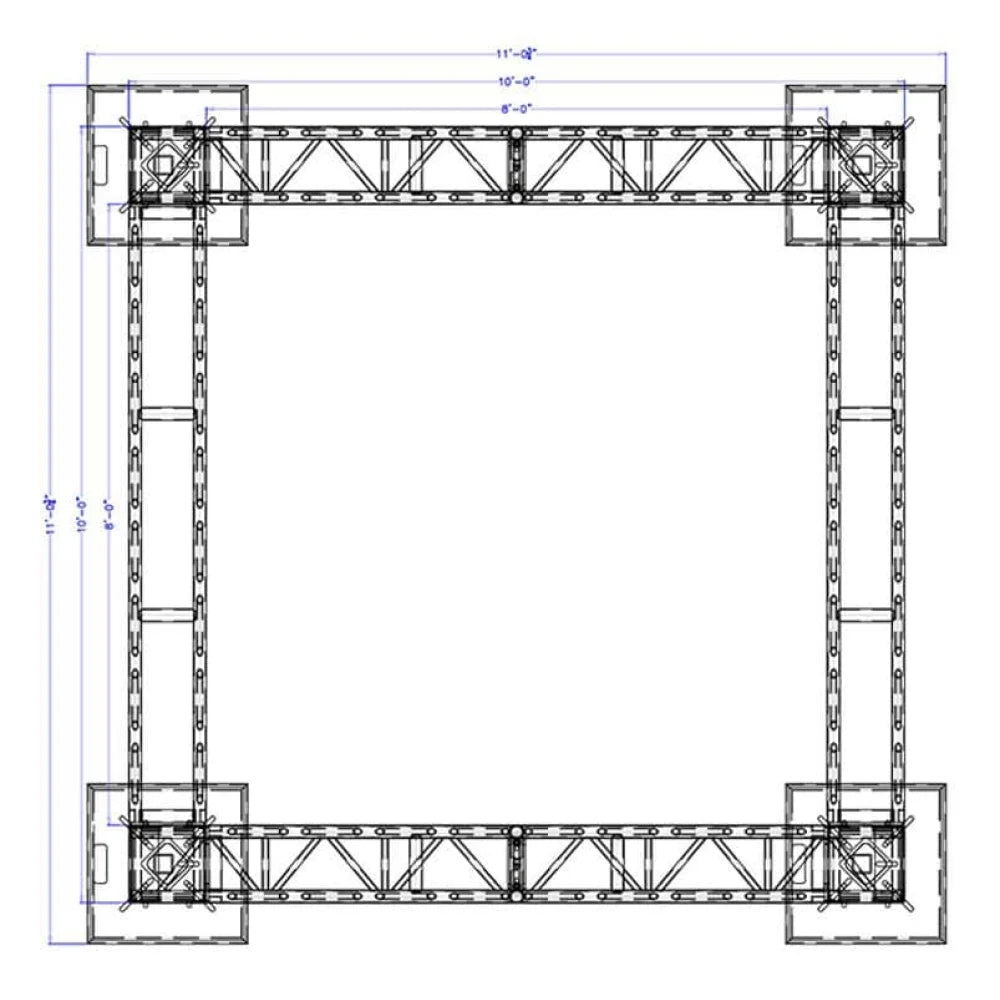Diagram of XSF Modular Booth System 10'x10' structure with 12"x12" Utility Truss and Protective Bolt Plates for film grip rigging.