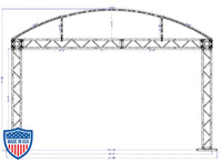 Schematic of XSF Modular Booth System with truss components, 24"x24" base plates, and protective bolt plates for film grip rigging structures.