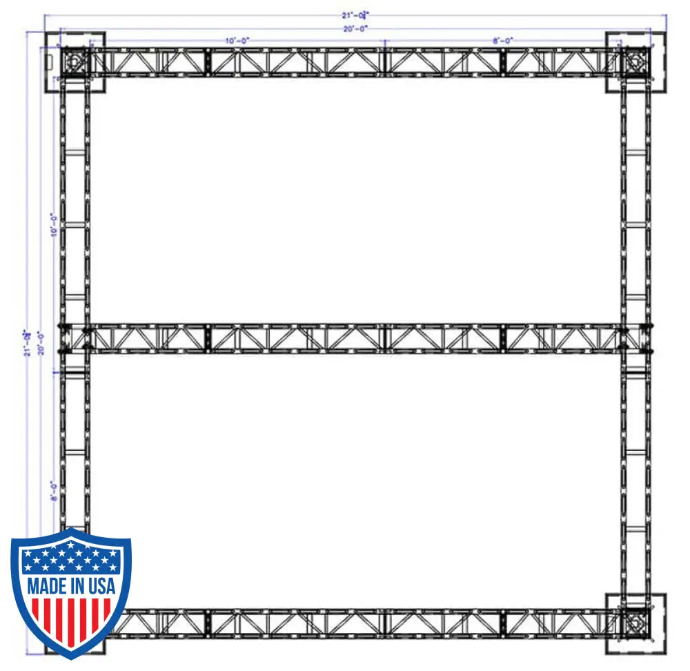 Schematic of XSF Modular Booth System with truss components for 20-foot x 20-foot structure, ideal for film grip and rigging.