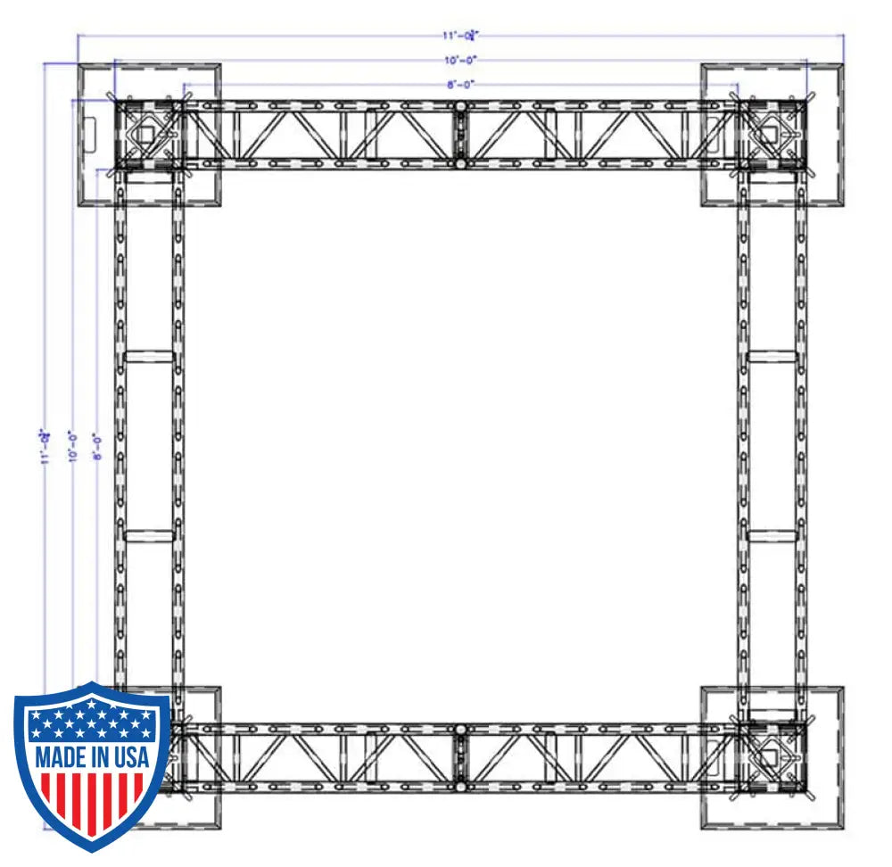 Diagram of XSF Modular Booth System 10'x10' structure with 12"x12" Utility Truss and Protective Bolt Plates for film grip rigging.