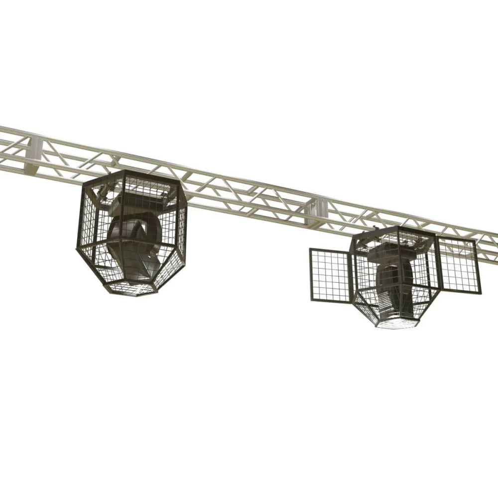 XSF Protective Guard Cages for moving lights and projectors on a rigging truss, ideal for gymnasiums, arenas, and film grip setups
