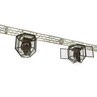 XSF Protective Guard Cages for moving lights and projectors on a rigging truss, ideal for gymnasiums, arenas, and film grip setups