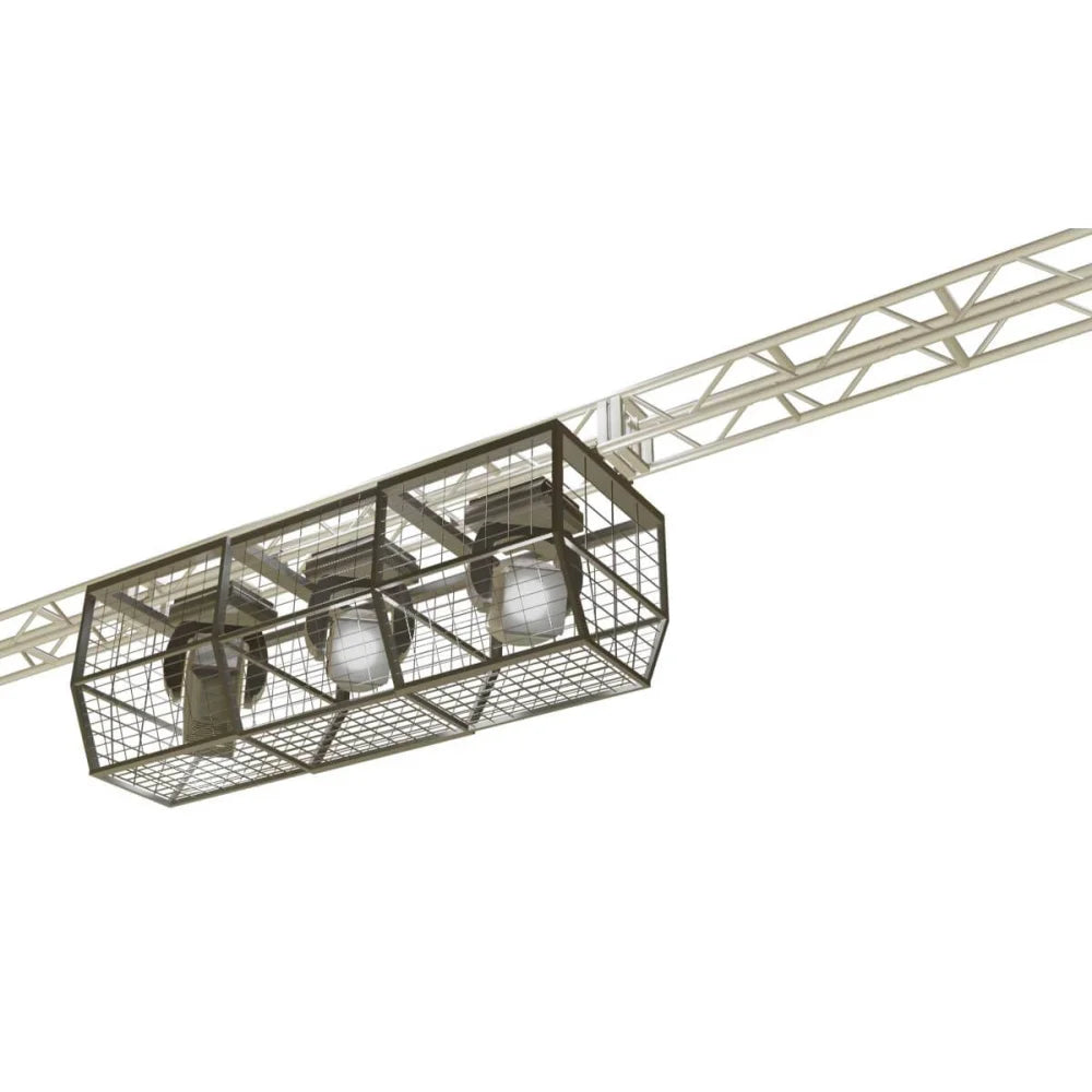 Protective guard cage for moving lights and projectors in gymnasiums, arenas or film grip rigging installations