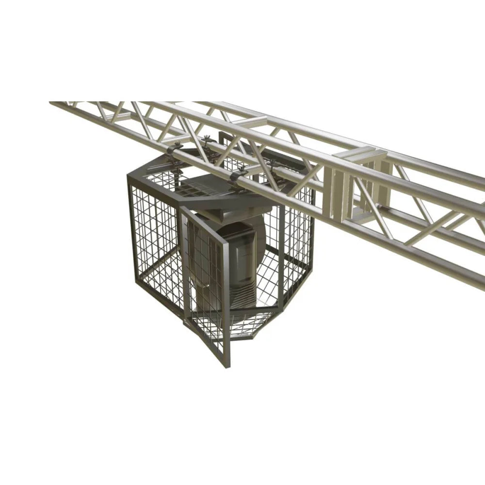 Protective Guard Cage for moving lights and projectors installed on gymnasium rigging frame for film grip and rigging safety.