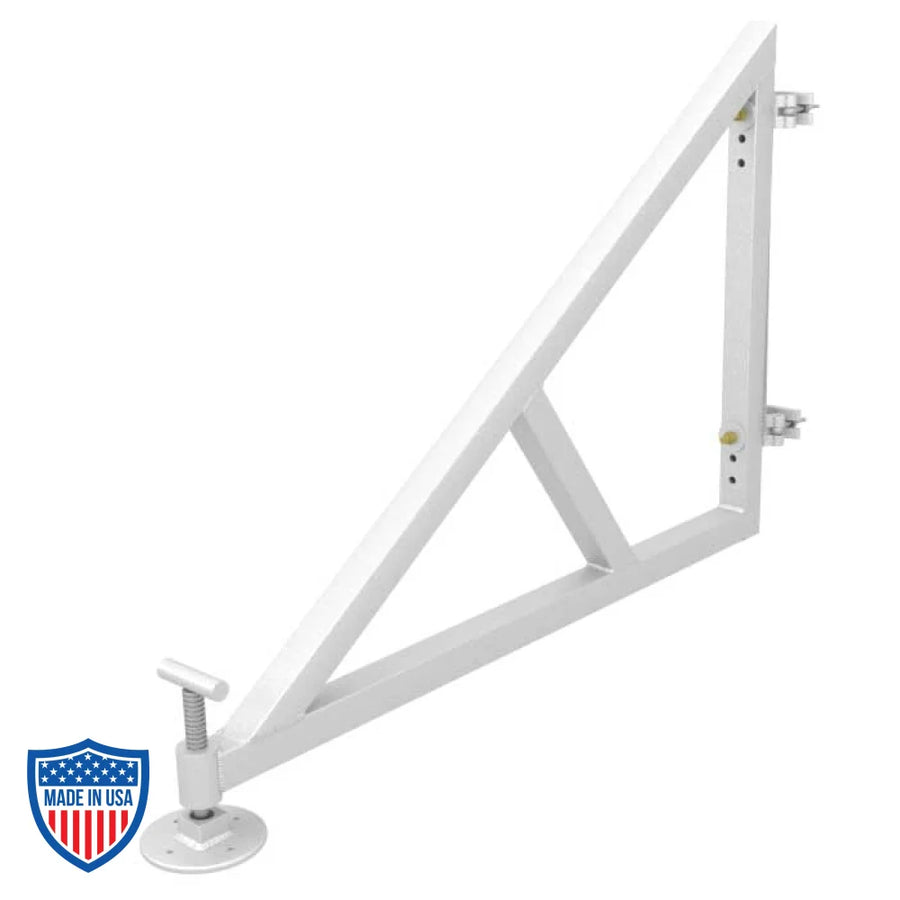 XSF Couple-On Outrigger for aluminum truss towers in film grip rigging, featuring half couplers and adjustable screw jack foot