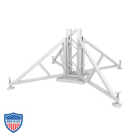 XSF Outriggers for film grip and rigging with adjustable screw jack foot on aluminum truss towers.