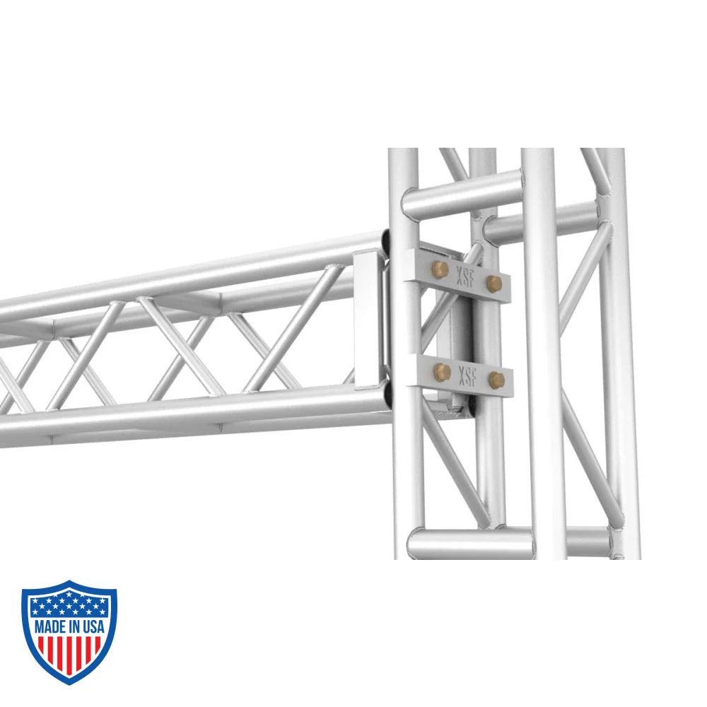 XSF Pinch Block connecting aluminum trusses for film grip rigging setup.