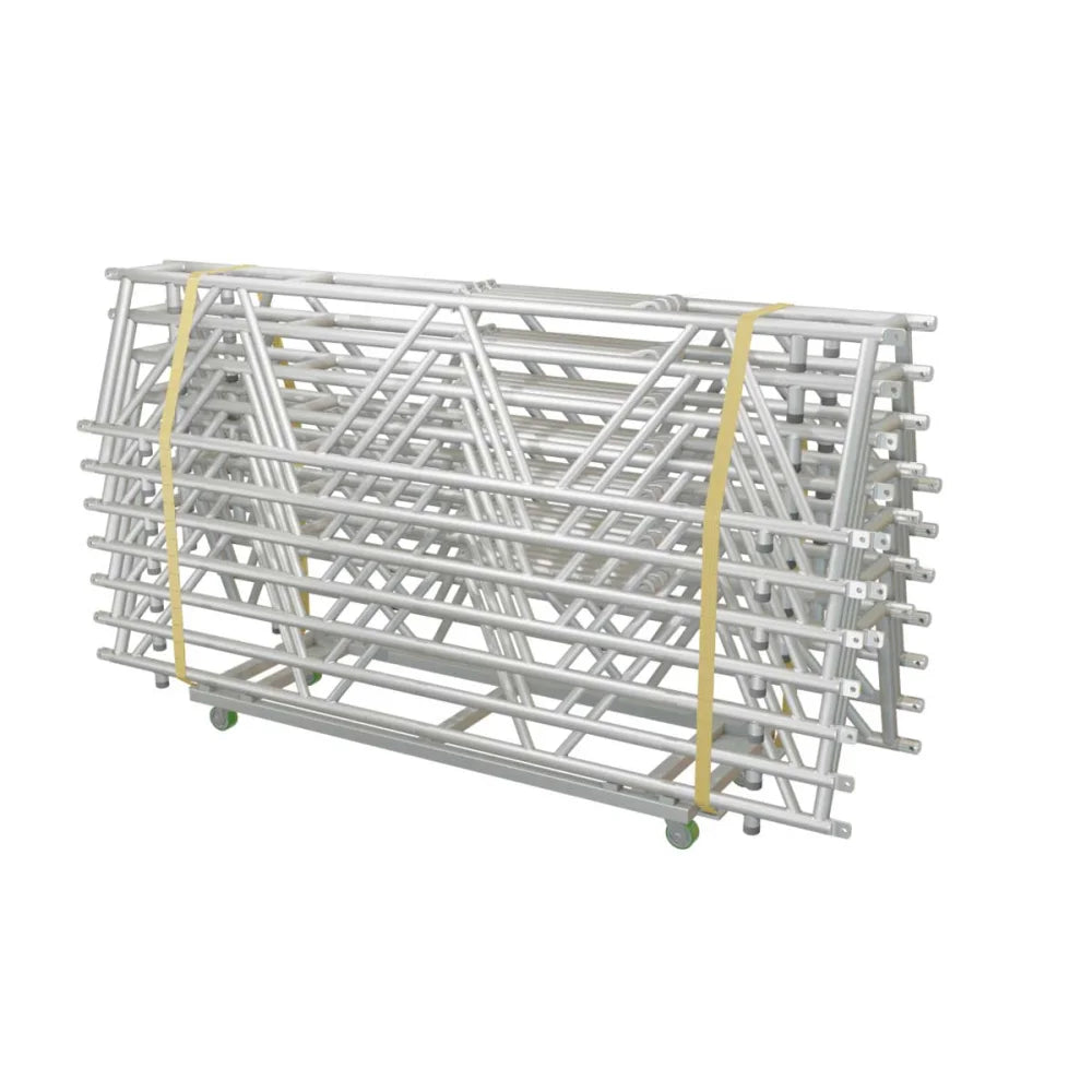 XSF Truss Dolly with strapped aluminum trusses, ideal for film grip rigging, stacks trusses safely up to 96"es high.