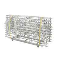 XSF Truss Dolly with strapped aluminum trusses, ideal for film grip rigging, stacks trusses safely up to 96"es high.