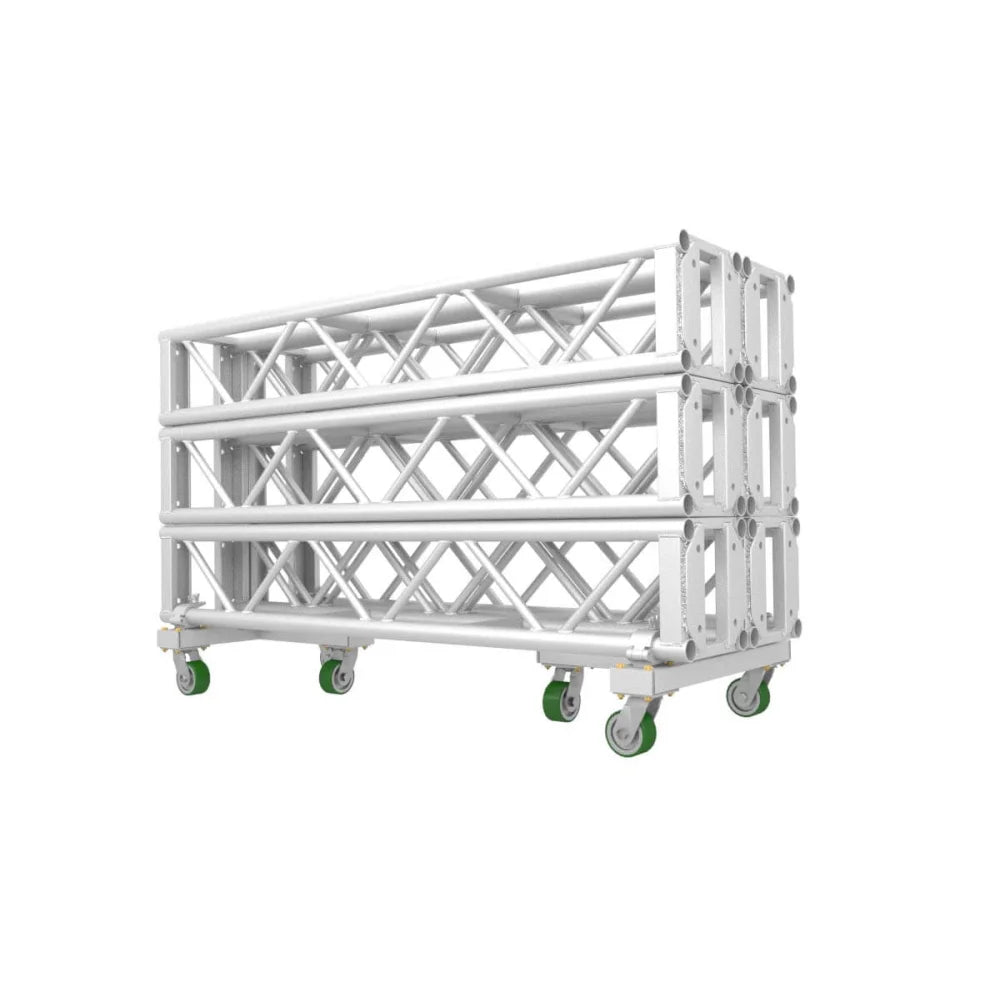 XSF Truss Dolly with aluminum construction and three-wheel design, stacked with trusses up to 96" high, ideal for film grip rigging