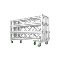 XSF Truss Dolly with aluminum construction and three-wheel design, stacked with trusses up to 96" high, ideal for film grip rigging