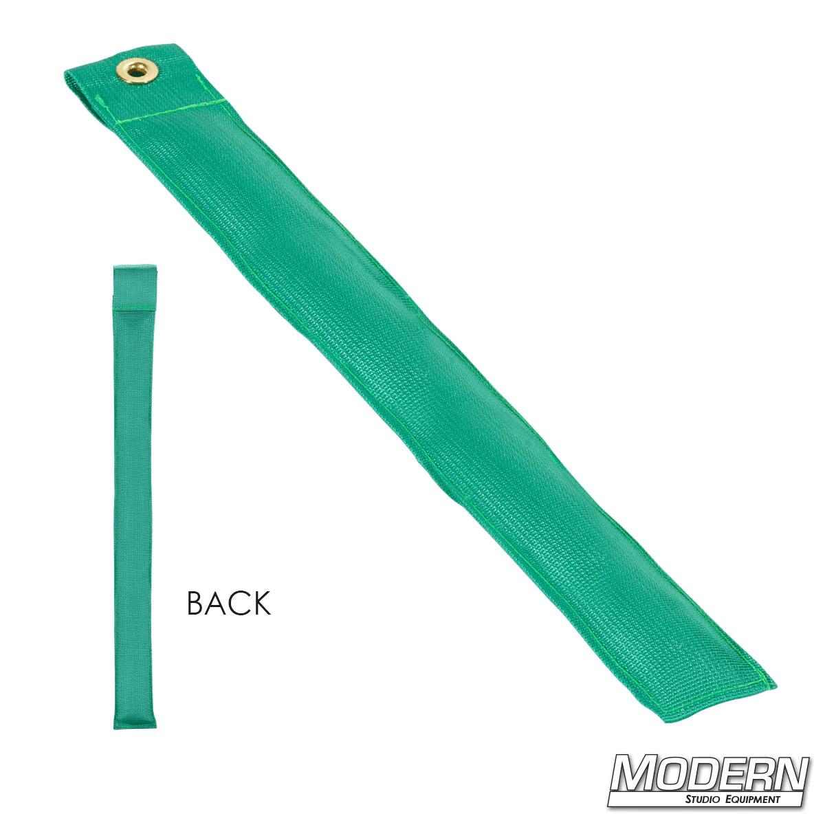 12-inch green marker by Modern, made of durable Cordura 1000, used for film grip and rigging, shown front and back views.