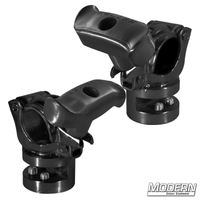 Black zinc I-Beam grid clamp set with spin handle for film grip rigging, fits 1-1/4" or 1-1/2" Schedule 40 aluminum pipe.