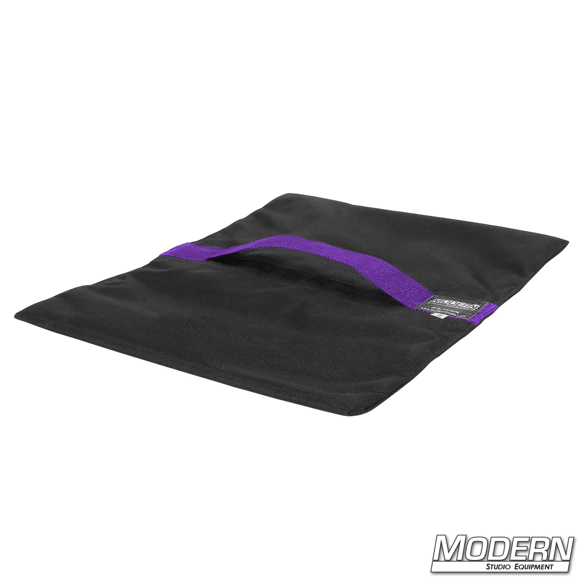 Flyaway sandbag 20 lbs, black with purple strap, Cordura 1000, velcro closure for easy fill, ideal for film grip rigging tasks.