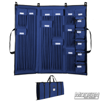 3 Fold Deluxe 5/8-inch rod bag in blue with multiple compartments for film grip and rigging tools, shown open and closed.