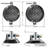 Deluxe 10-inch Super Suction Cup with Cheese Plate and Starters for film grip rigging by Wood's Powr-Grip showing disengaged and engaged states