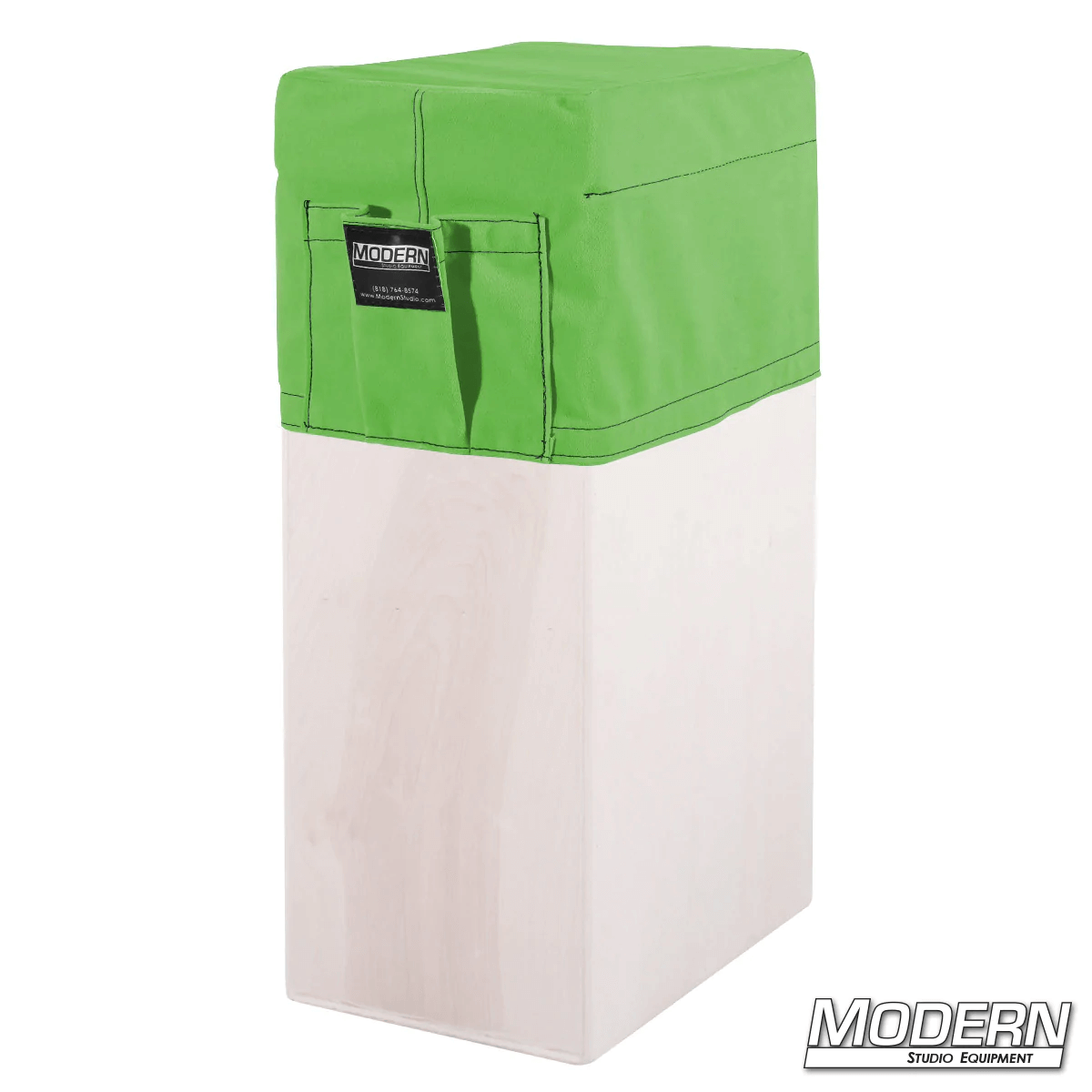 Vertical Apple Box with Green Seat Cover and Pocket for Film Grip and Rigging