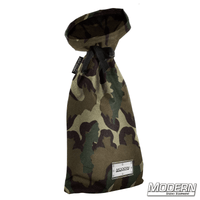 Extra small camo storage bag with nylon cord and plastic sleeve, ideal for film, grip, and rigging equipment.