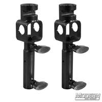 Set of two black zinc I-beam clamps with junior swivel receivers for film grip and rigging equipment.