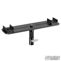 Slider track center support bracket in black zinc for film grip and rigging with 1-1/8" jr. pin and 5/8" baby receiver