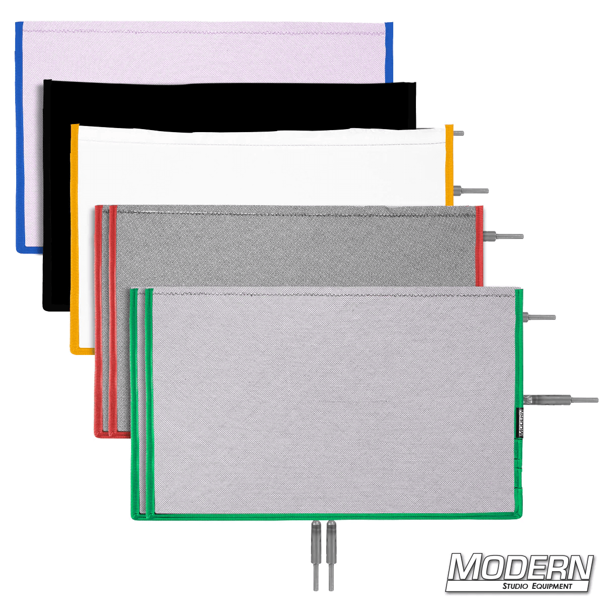 Set of 7 Flex Scrims in various colors for film grip and rigging, including singles, doubles, silk, solid, and lavender scrims.