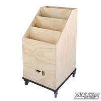 Wooden 3-place scrim and flag box with drawer on casters for film grip and rigging equipment storage.