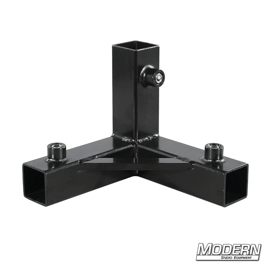 3-way pass through corner for 1-inch square tube, black zinc with set screws, ideal for film grip and rigging.