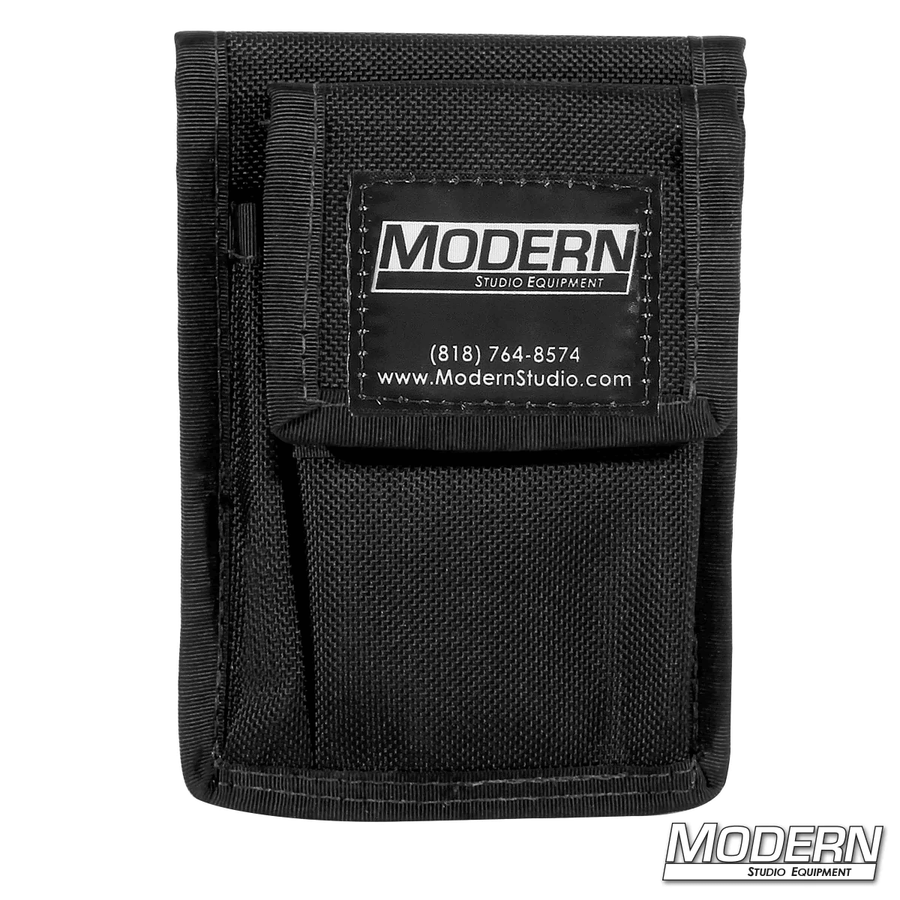 Small black cordura pouch from Modern Studio Equipment for holding a pen and notepad, ideal for film grip and rigging setups.